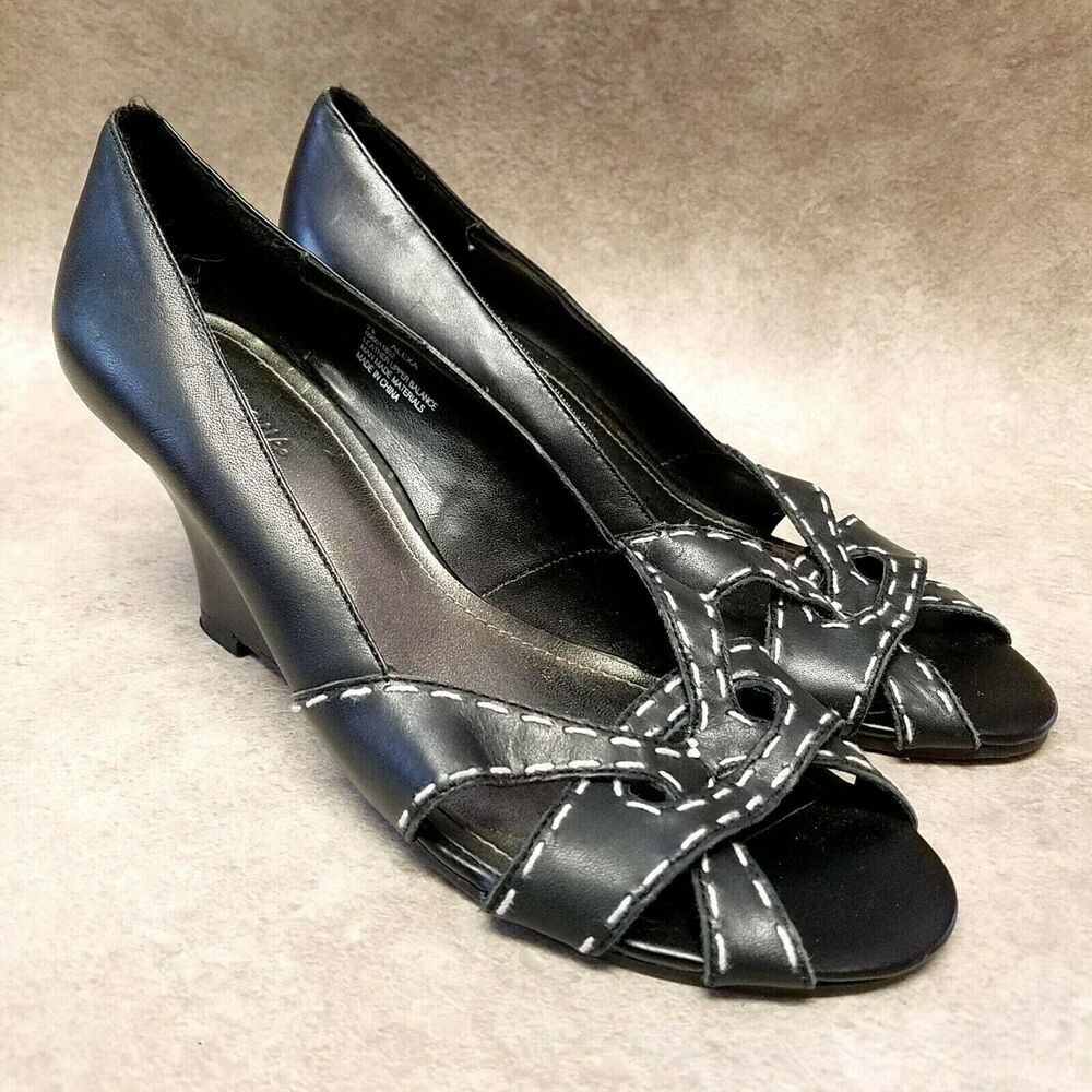 Merona Womens Alexa  Size 7.5 Black  Leather Slip On Peep Toe 3" Wedge Heels